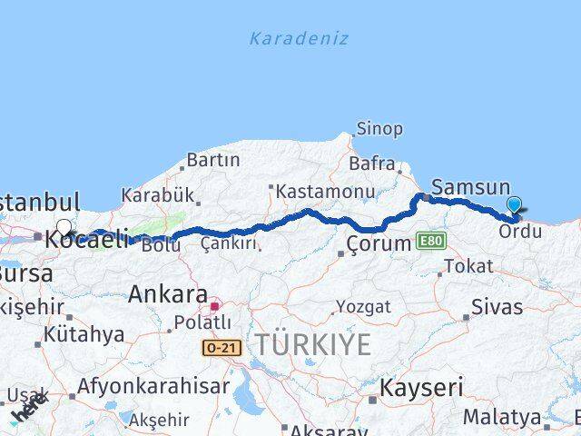 Ordu Perşembe Sakarya Arası Kaç Km - Yol Haritası