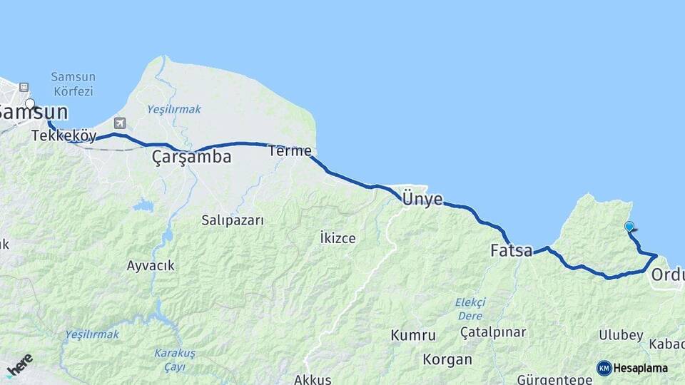 Ordu Perşembe Samsun Arası Kaç Km - Yol Haritası