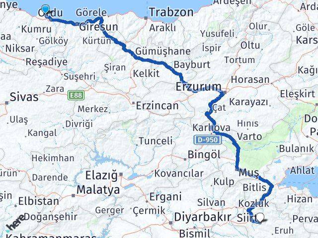 Ordu Perşembe Siirt Arası Kaç Km - Yol Haritası