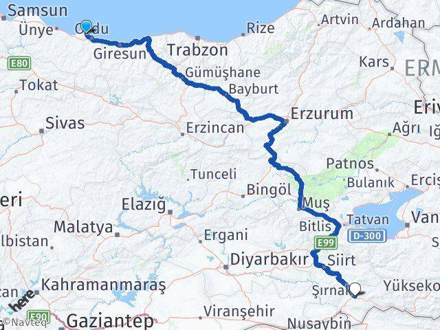 Ordu Perşembe Şırnak Arası Kaç Km - Yol Haritası