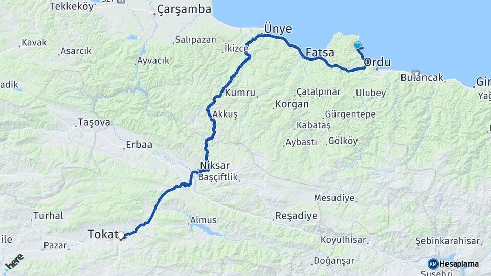 Ordu Perşembe Tokat Arası Kaç Km - Yol Haritası
