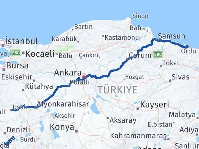Ordu Perşembe Uşak Arası Kaç Km - Yol Haritası