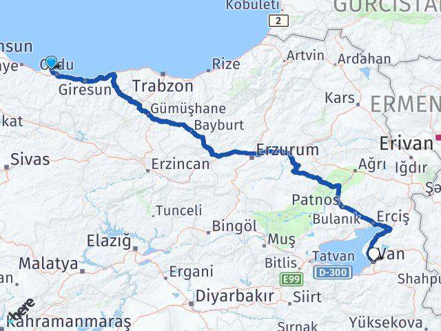 Ordu Perşembe Van Arası Kaç Km - Yol Haritası