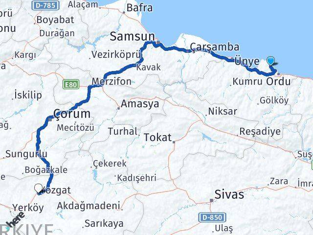 Ordu Perşembe Yozgat Arası Kaç Km - Yol Haritası