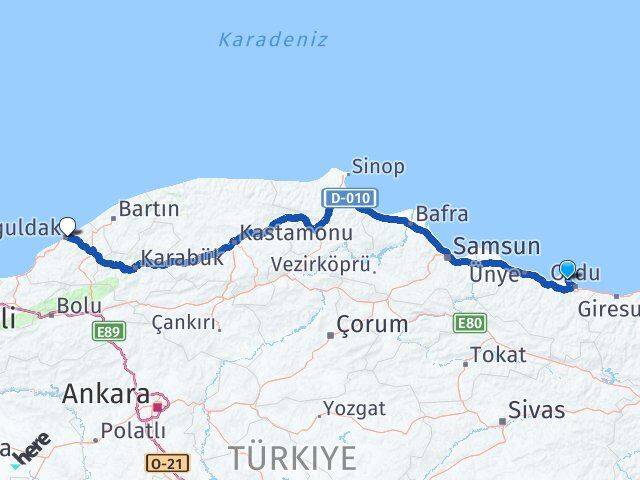 Ordu Perşembe Zonguldak Arası Kaç Km - Yol Haritası