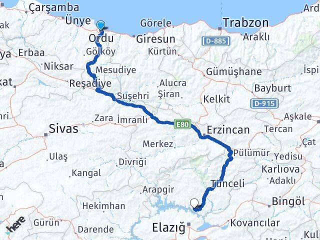 Ordu Pertek Tunceli Arası Kaç Km - Yol Haritası