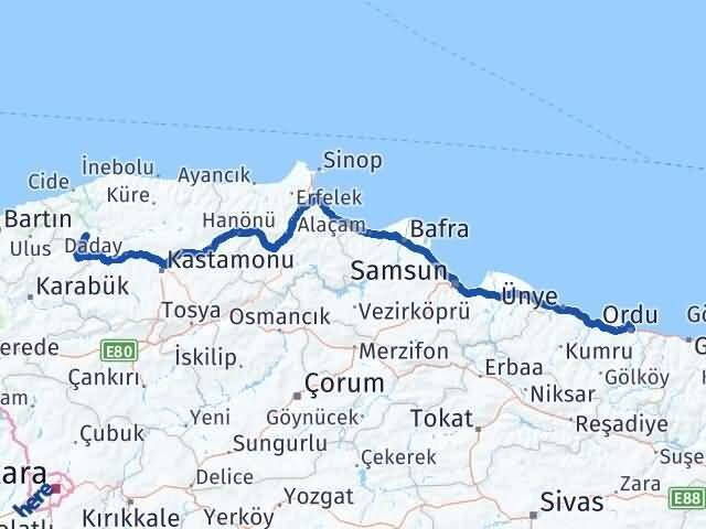 Ordu Pınarbaşı Kastamonu Arası Kaç Km - Yol Haritası