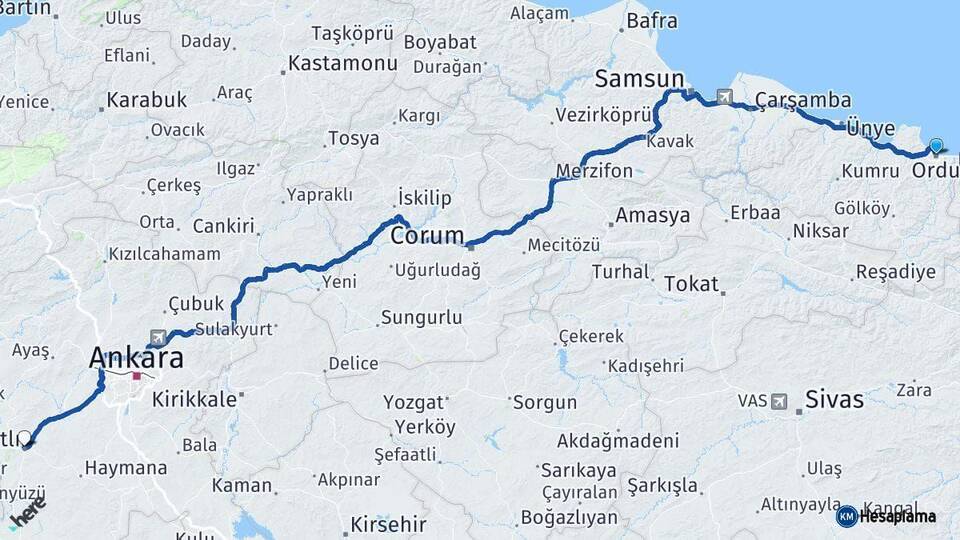 Ordu Polatlı Ankara Arası Kaç Km - Yol Haritası