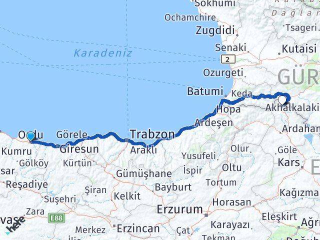 Ordu Posof Ardahan Arası Kaç Km - Yol Haritası