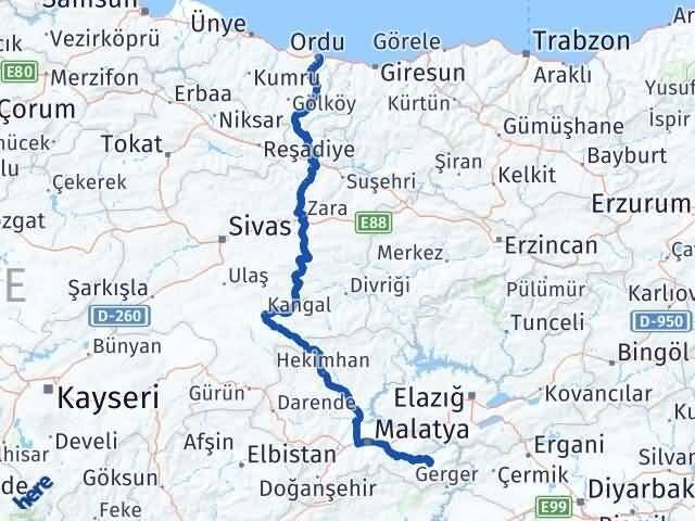 Ordu Pütürge Malatya Arası Kaç Km - Yol Haritası