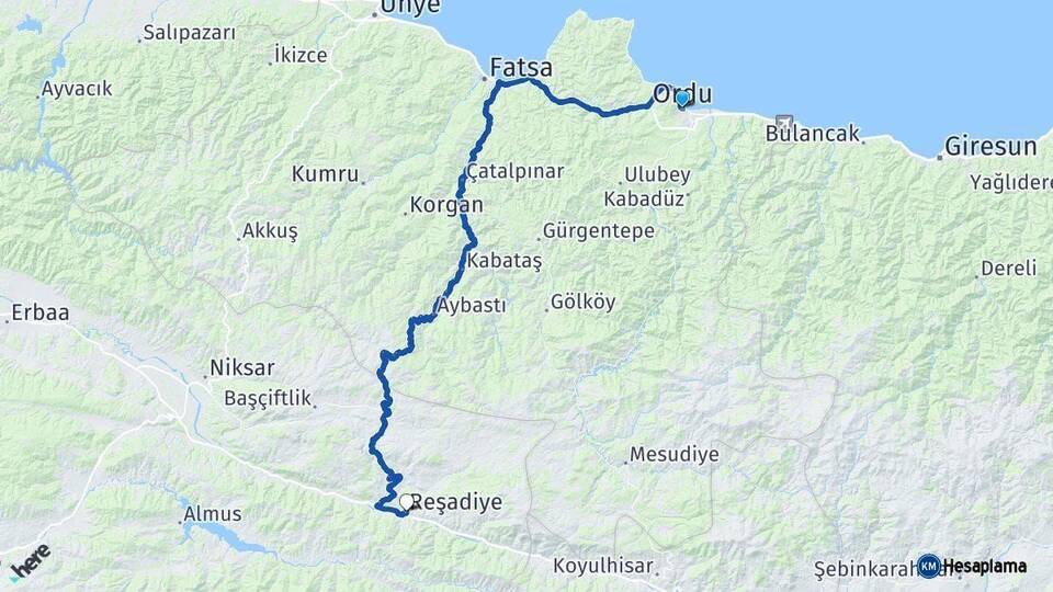 Ordu Reşadiye Tokat Arası Kaç Km - Yol Haritası