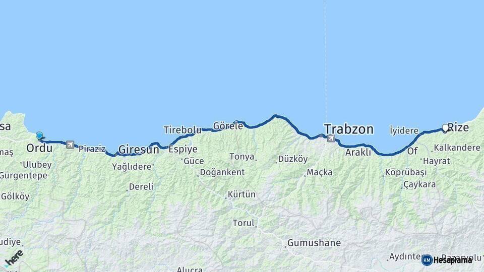 Ordu Rize Arası Kaç Km - Yol Haritası