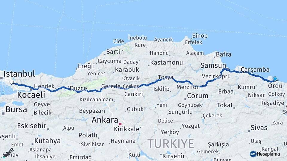 Ordu Sabiha Gökçen Havalimanı Arası Kaç Km - Yol Haritası