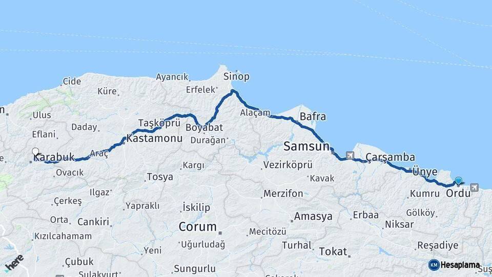 Ordu Safranbolu Karabük Arası Kaç Km - Yol Haritası