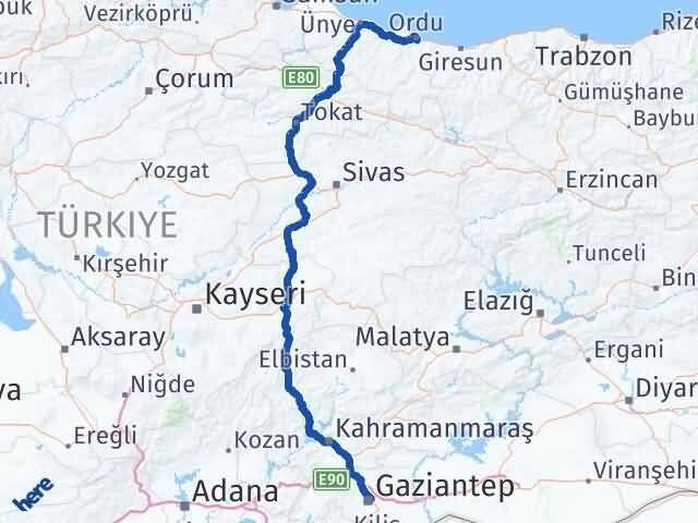 Ordu Şahinbey Gaziantep Arası Kaç Km - Yol Haritası