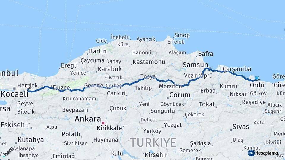Ordu Sakarya Arası Kaç Km - Yol Haritası