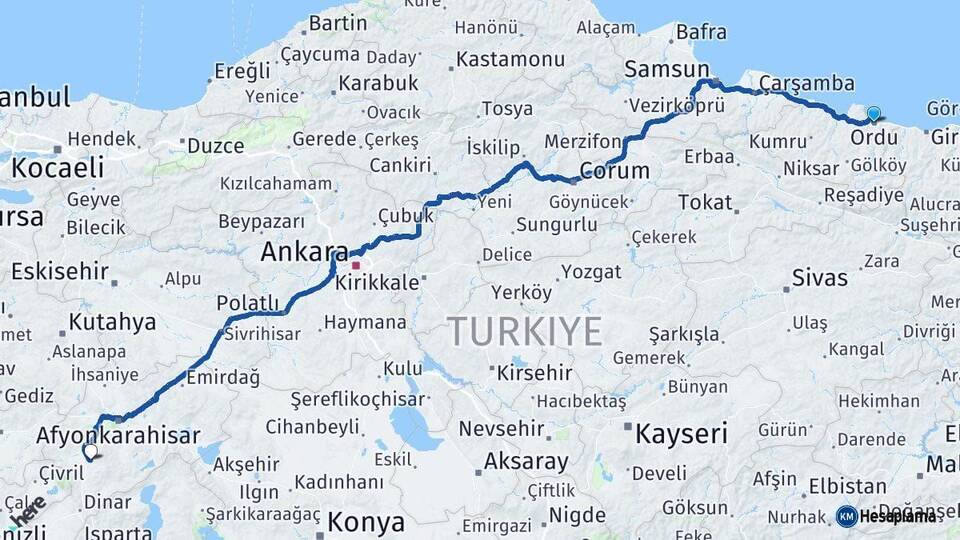 Ordu Sandıklı Afyonkarahisar Arası Kaç Km - Yol Haritası