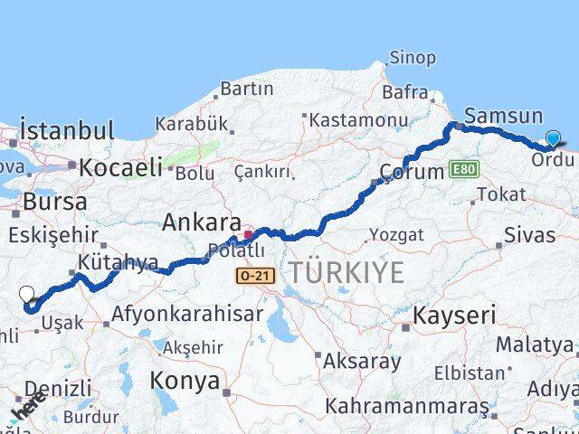 Ordu Şaphane Kütahya Arası Kaç Km - Yol Haritası