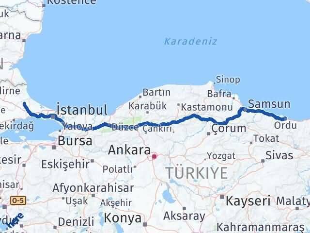 Ordu Saray Tekirdağ Arası Kaç Km - Yol Haritası