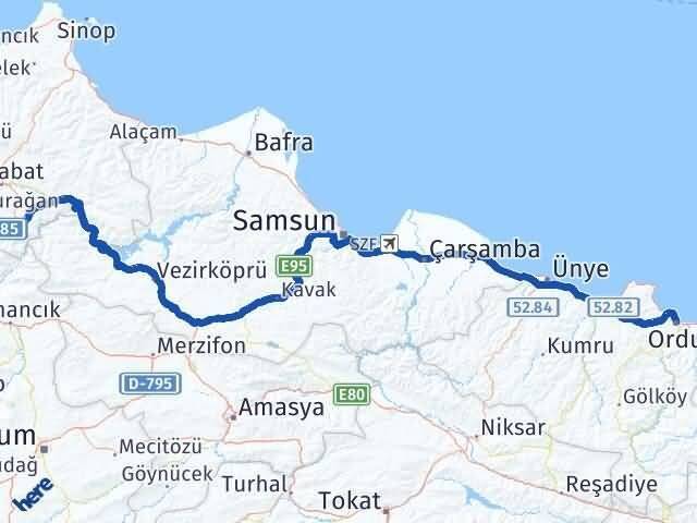 Ordu Saraydüzü Sinop Arası Kaç Km - Yol Haritası