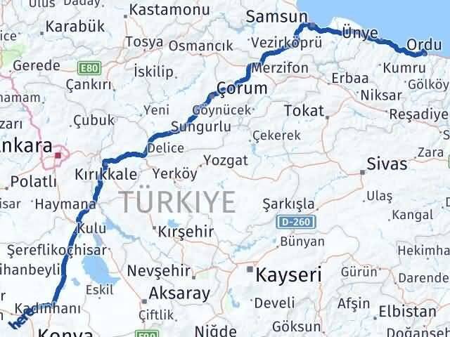 Ordu Sarayönü Konya Arası Kaç Km - Yol Haritası