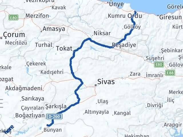 Ordu Sarıoğlan Kayseri Arası Kaç Km - Yol Haritası