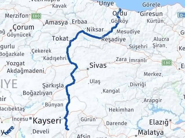 Ordu Sarız Kayseri Arası Kaç Km - Yol Haritası