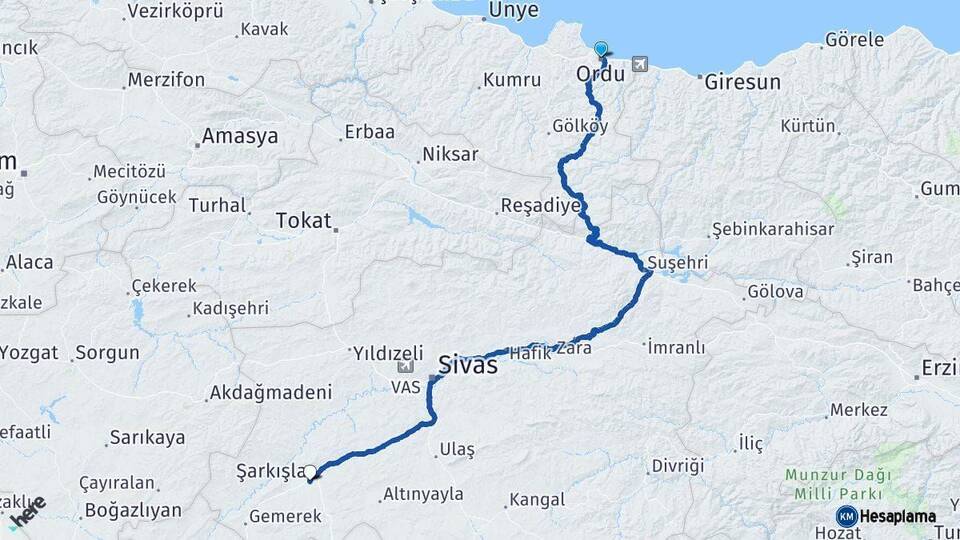 Ordu Şarkışla Sivas Arası Kaç Km - Yol Haritası