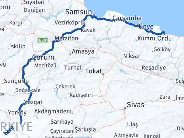Ordu Şefaatli Yozgat Arası Kaç Km - Yol Haritası