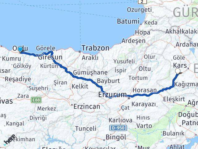 Ordu Selim Kars Arası Kaç Km - Yol Haritası
