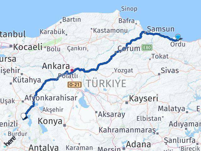 Ordu Senirkent Isparta Arası Kaç Km - Yol Haritası