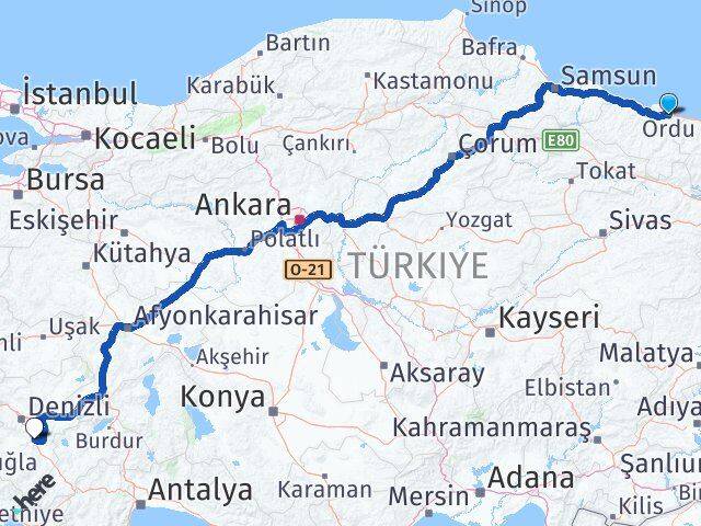 Ordu Serinhisar Denizli Arası Kaç Km - Yol Haritası
