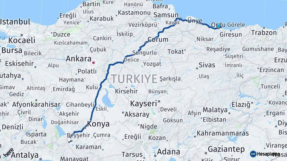 Ordu Seydişehir Konya Arası Kaç Km - Yol Haritası