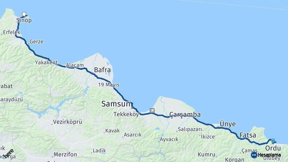 Ordu Sinop Arası Kaç Km - Yol Haritası