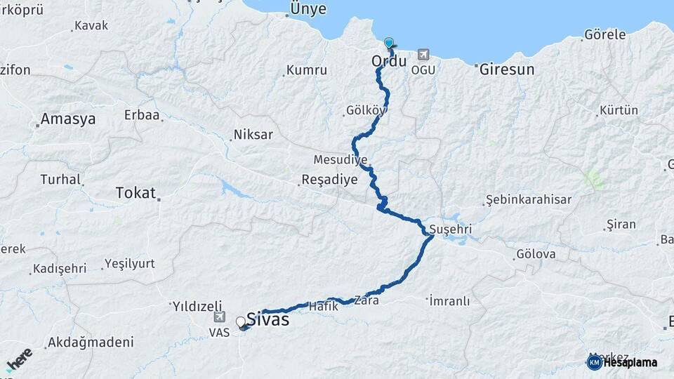 Ordu Sivas Arası Kaç Km - Yol Haritası