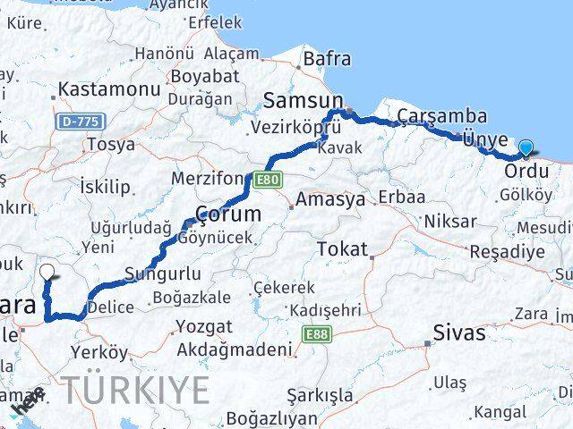 Ordu Sulakyurt Kırıkkale Arası Kaç Km - Yol Haritası