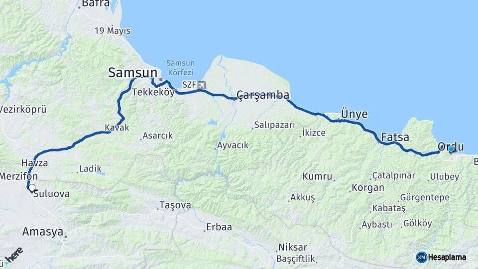 Ordu Suluova Amasya Arası Kaç Km - Yol Haritası