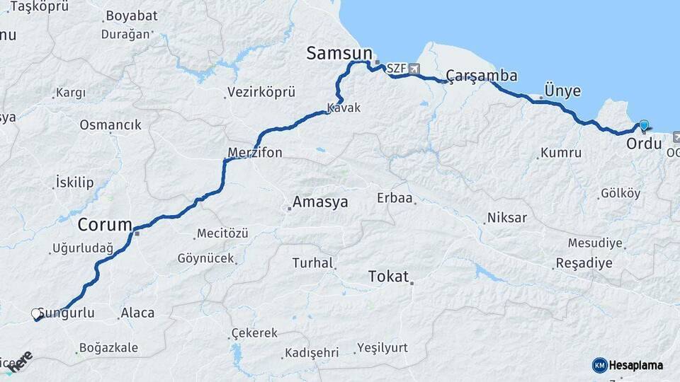 Ordu Sungurlu Çorum Arası Kaç Km - Yol Haritası