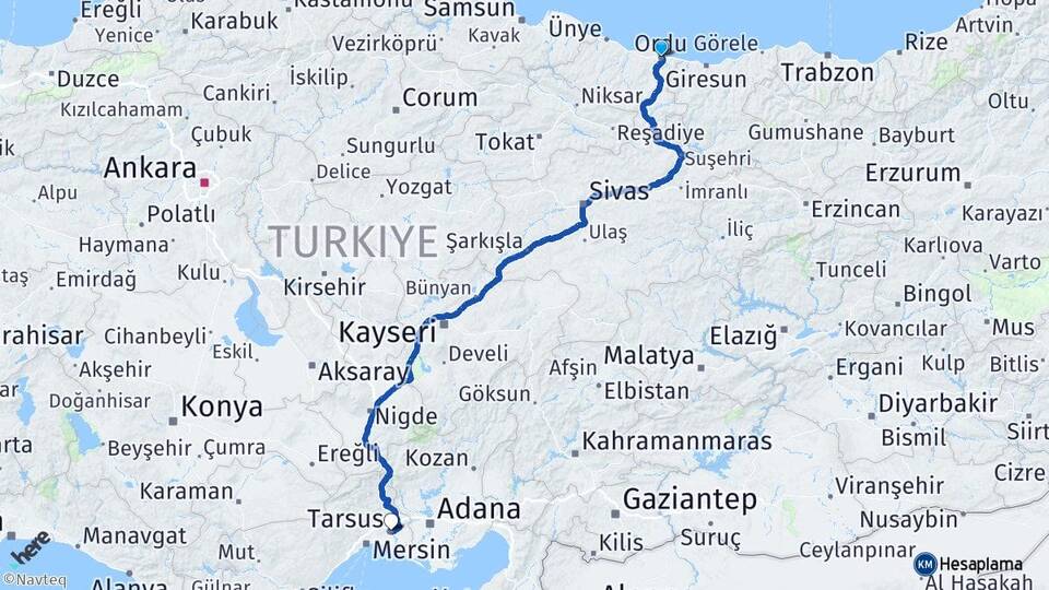 Ordu Tarsus Mersin Arası Kaç Km - Yol Haritası