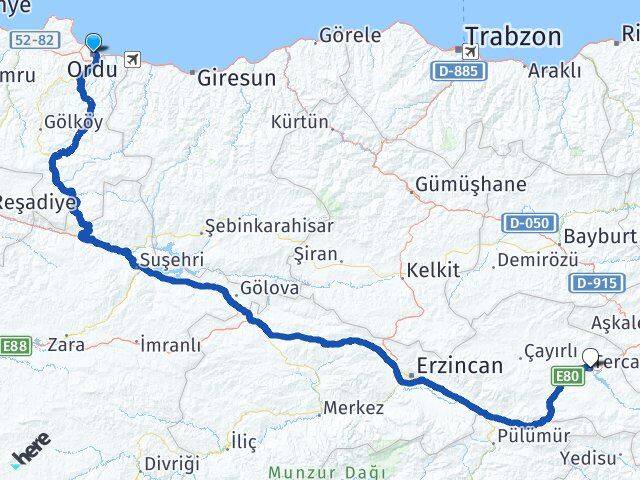 Ordu Tercan Erzincan Arası Kaç Km - Yol Haritası