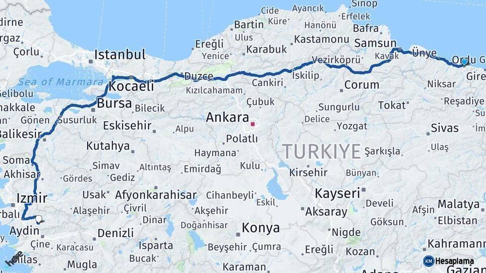 Ordu Tire İzmir Arası Kaç Km - Yol Haritası