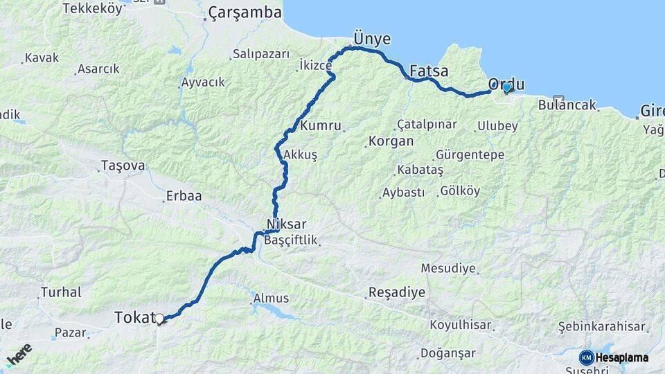 Ordu Tokat Arası Kaç Km - Yol Haritası