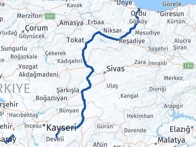 Ordu Tomarza Kayseri Arası Kaç Km - Yol Haritası