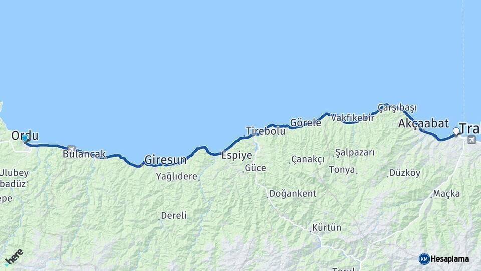 Ordu Trabzon Arası Kaç Km - Yol Haritası