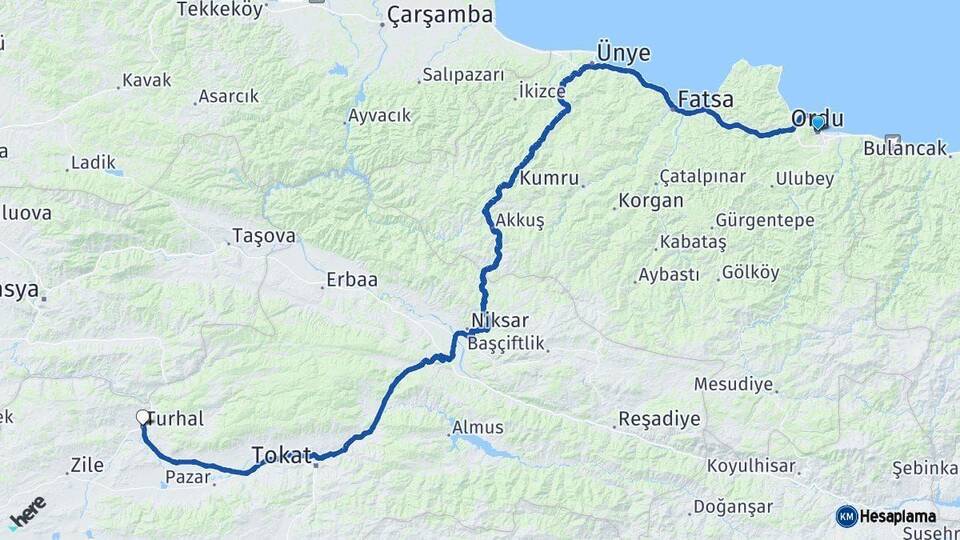 Ordu Turhal Tokat Arası Kaç Km - Yol Haritası