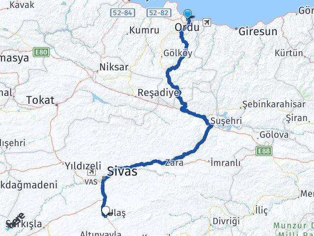 Ordu Ulaş Sivas Arası Kaç Km - Yol Haritası