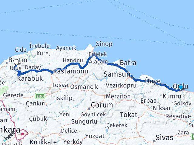 Ordu Ulus Bartın Arası Kaç Km - Yol Haritası
