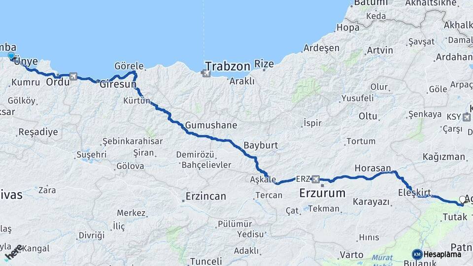Ordu Ünye Ağrı Arası Kaç Km - Yol Haritası
