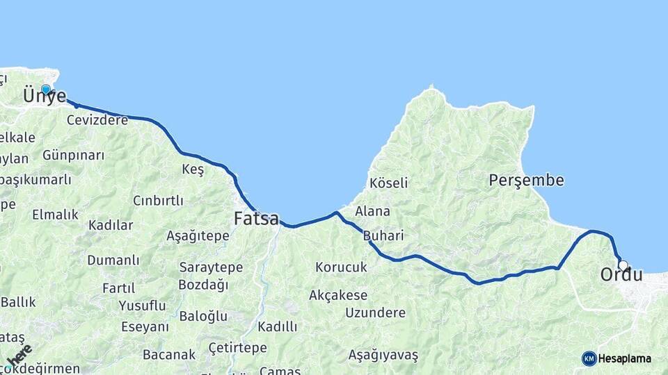 Ordu Ünye Altınordu Arası Kaç Km - Yol Haritası