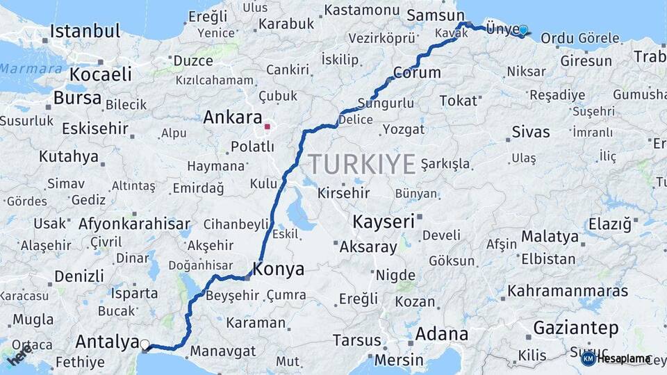 Ordu Ünye Antalya Arası Kaç Km - Yol Haritası